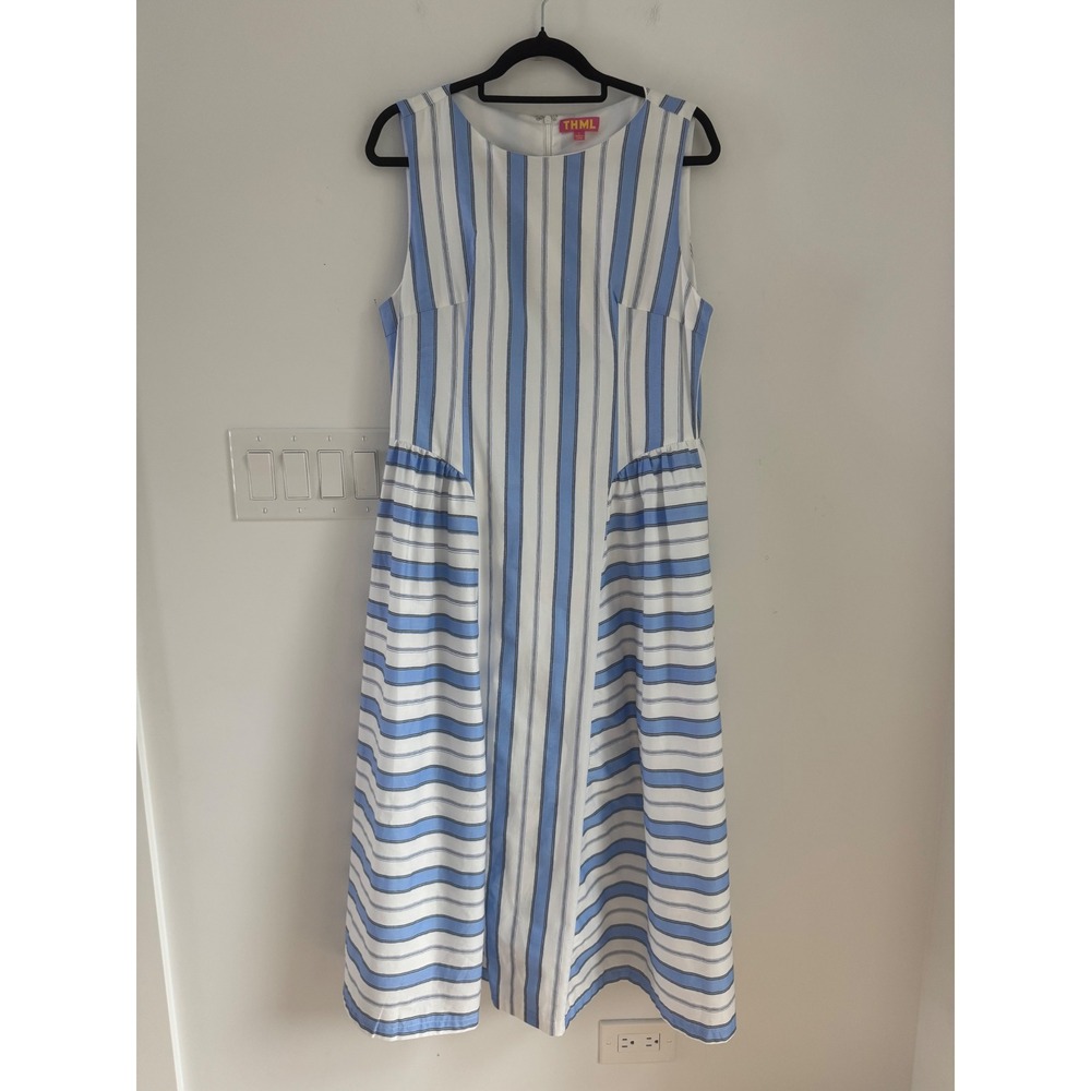 THML Blue White Striped Cotton Sleeveless Midi Dress WCT3497-BL Pockets L